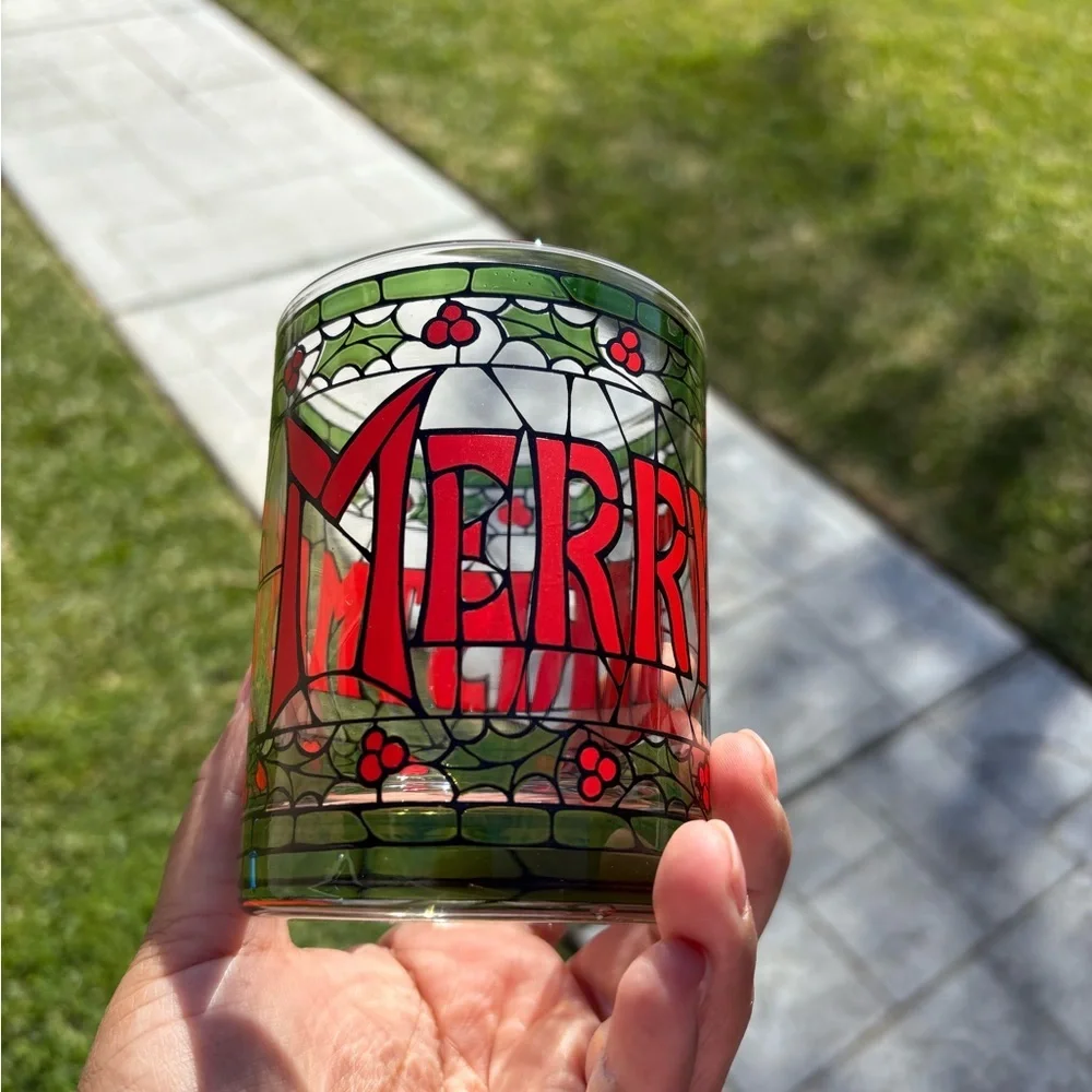 1970’s Cera Merry Christmas Holly Stained Glass Old Fashion Glasses Set of 4 EUC